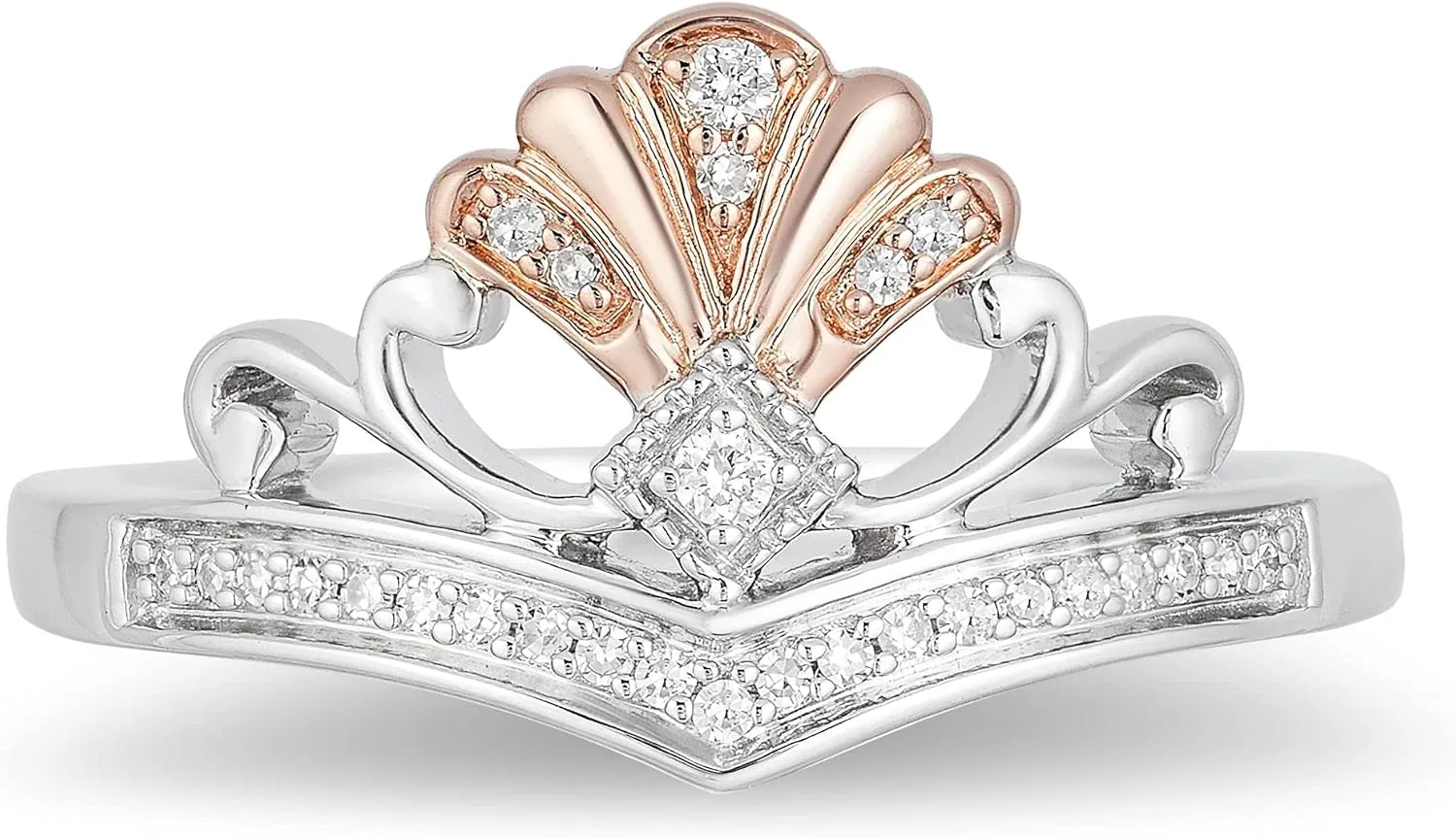 Jewelili Enchanted Disney Fine Jewelry 14K Rose Gold over Sterling Silver 1/10 Cttw Diamond Ariel Shell Tiara Ring
