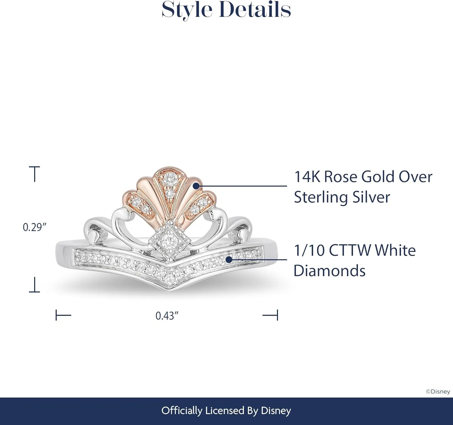 Jewelili Enchanted Disney Fine Jewelry 14K Rose Gold over Sterling Silver 1/10 Cttw Diamond Ariel Shell Tiara Ring