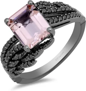 Jewelili Enchanted Disney Fine Jewelry Black Rhodium Over Sterling Silver 9x7MM Octagon Morganite and 1/3 Cttw Treated Black Round Diamonds Maleficent Aurora Ring