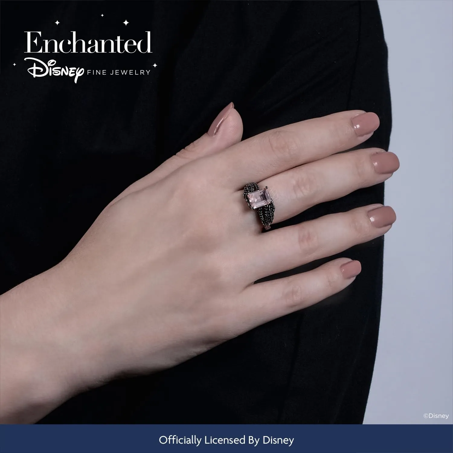 Jewelili Enchanted Disney Fine Jewelry Black Rhodium Over Sterling Silver 9x7MM Octagon Morganite and 1/3 Cttw Treated Black Round Diamonds Maleficent Aurora Ring