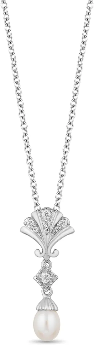 Jewelili Enchanted Disney Fine Jewelry Sterling Silver 1/10CTTW Diamond & Pearl Ariel Pendant
