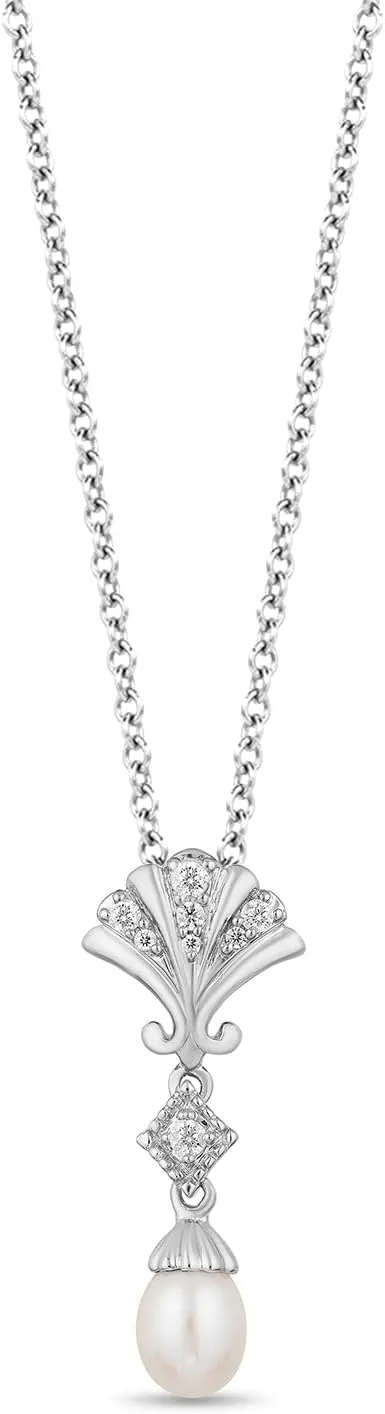 Jewelili Enchanted Disney Fine Jewelry Sterling Silver 1/10CTTW Diamond & Pearl Ariel Pendant
