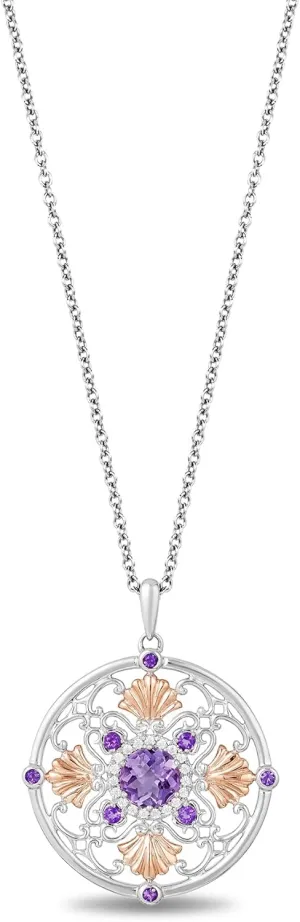 Jewelili Enchanted Disney Fine Jewelry Sterling Silver and 10K Rose Gold 1/10 Cttw Diamond Ariel Medallion Shell Pendant