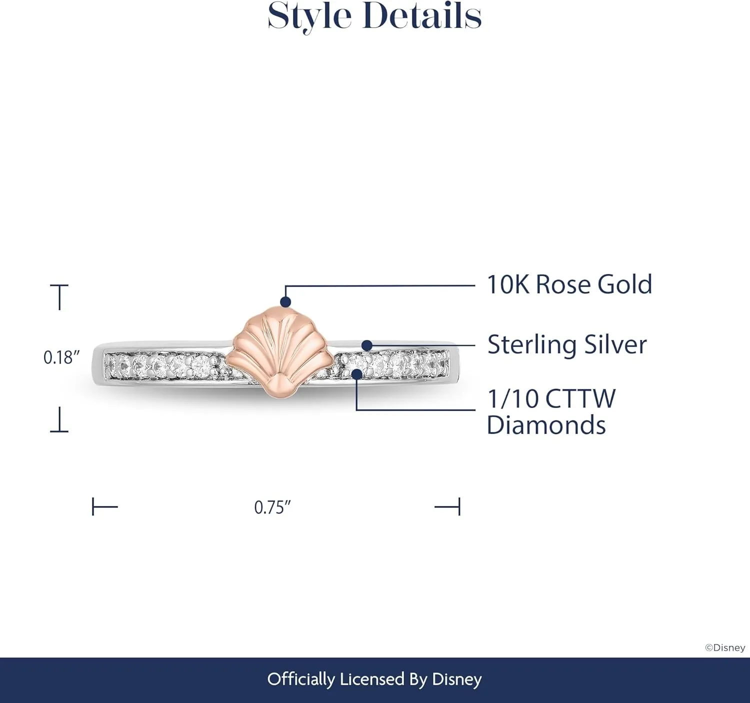 Jewelili Enchanted Disney Fine Jewelry Sterling Silver and 10K Rose Gold 1/10 CTTW Diamond Ariel Ring