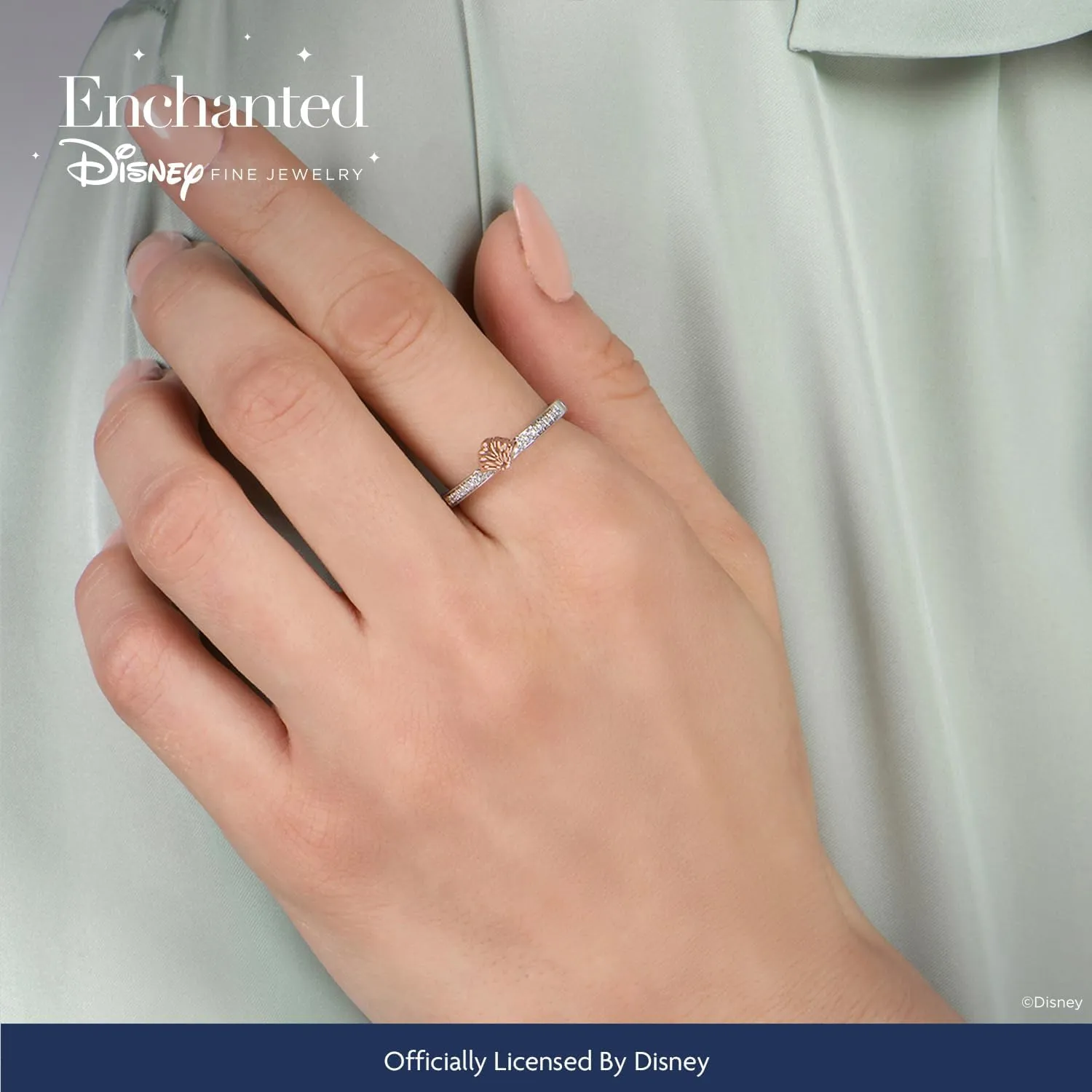 Jewelili Enchanted Disney Fine Jewelry Sterling Silver and 10K Rose Gold 1/10 CTTW Diamond Ariel Ring