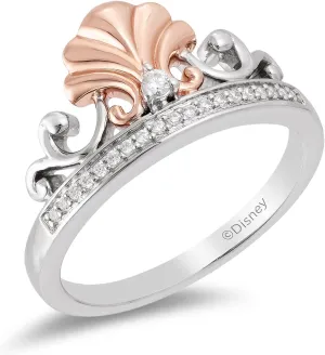 Jewelili Enchanted Disney Fine Jewelry Sterling Silver and 10K Rose Gold 1/10 CTTW Diamond Ariel Shell Tiara Ring