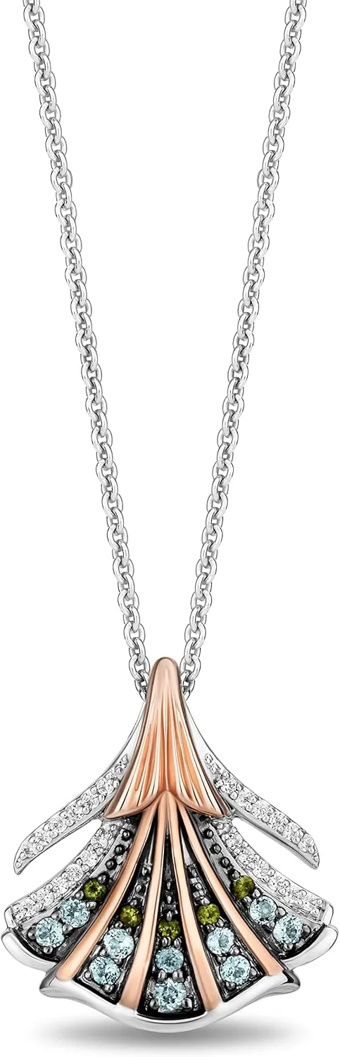 Jewelili Enchanted Disney Fine Jewelry The Little Mermaid Black Rhodium over Sterling Silver and 10K Rose Gold with 1/10 CTTW Diamond and Swiss Blue Topaz with Green Tourmaline Ariel Pendant Necklace