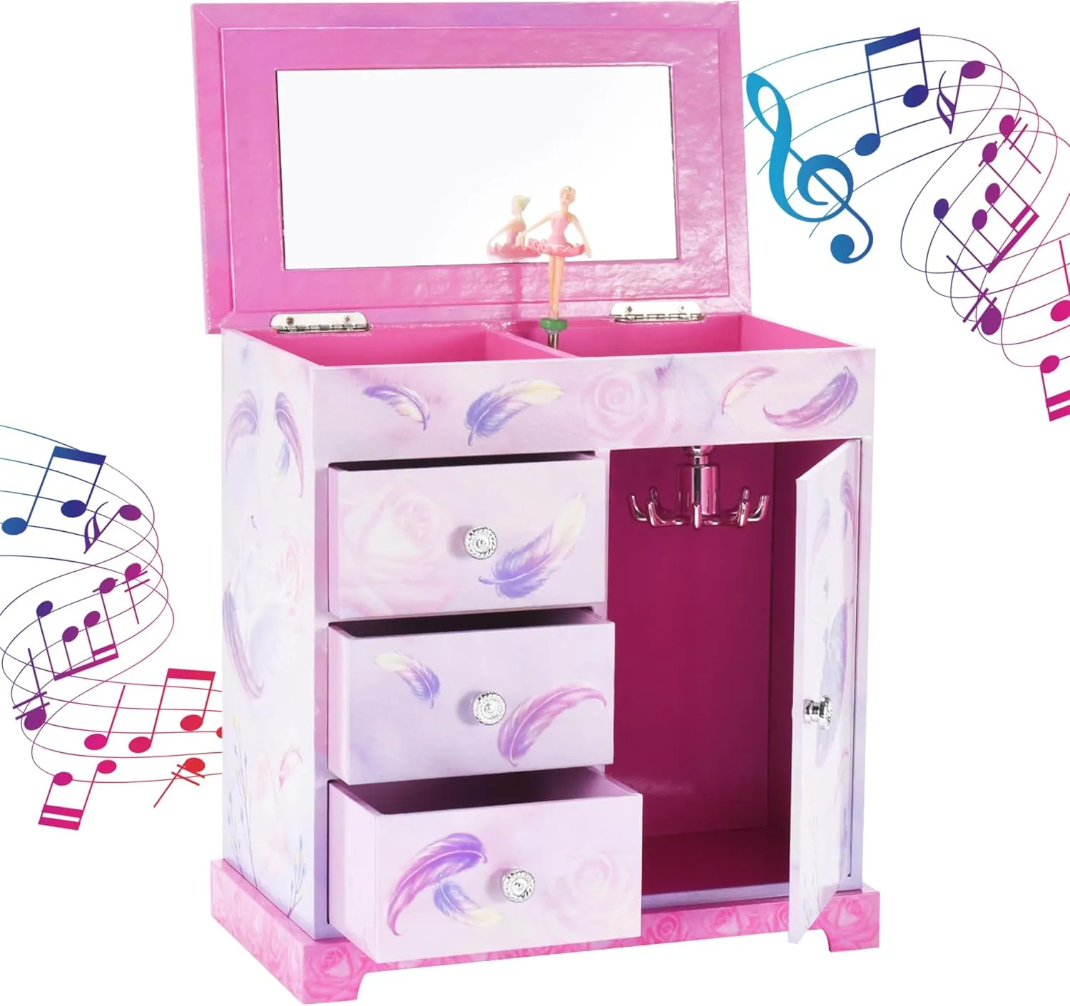 Jewelkeeper Pink and Purple Ballerina 3 Drawers Jewelry Box for Girls - Little Girl's Wooden Jewelry Box with Necklace Carousel - for Kids or Teen Necklaces and Accessories