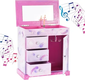 Jewelkeeper Pink and Purple Ballerina 3 Drawers Jewelry Box for Girls - Little Girl's Wooden Jewelry Box with Necklace Carousel - for Kids or Teen Necklaces and Accessories