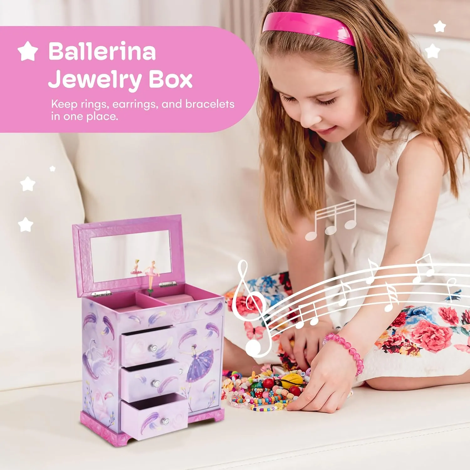 Jewelkeeper Pink and Purple Ballerina 3 Drawers Jewelry Box for Girls - Little Girl's Wooden Jewelry Box with Necklace Carousel - for Kids or Teen Necklaces and Accessories