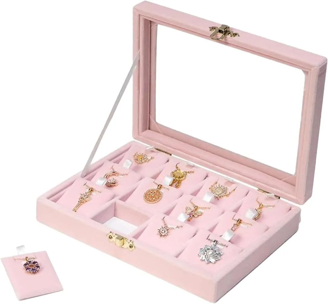 Jewelry Box Necklace Organizer Tray Necklace display Case for Storage, Jewelry Display Tray 12 Slot, Pendant Holder for Women (Pink, Velvet)
