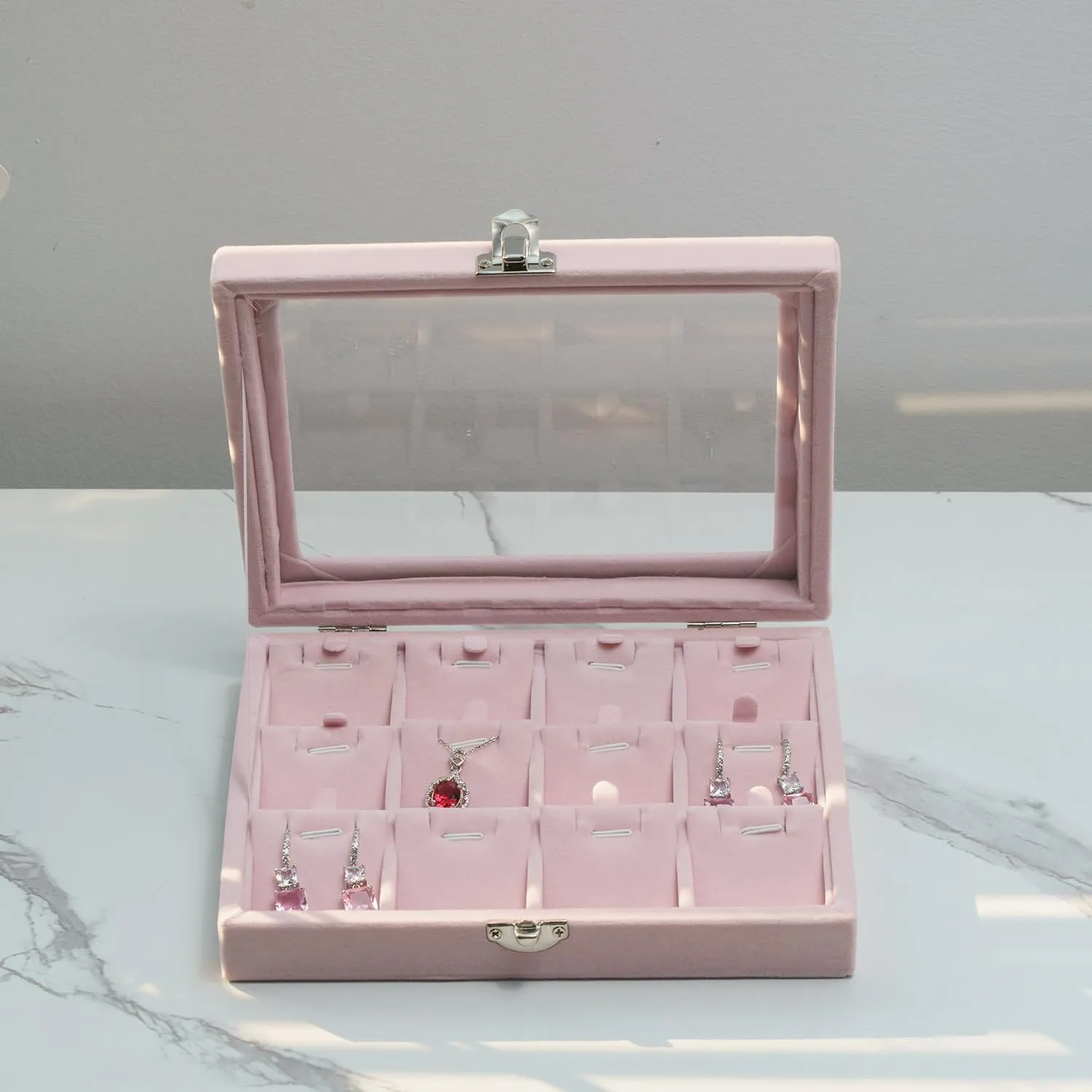 Jewelry Box Necklace Organizer Tray Necklace display Case for Storage, Jewelry Display Tray 12 Slot, Pendant Holder for Women (Pink, Velvet)