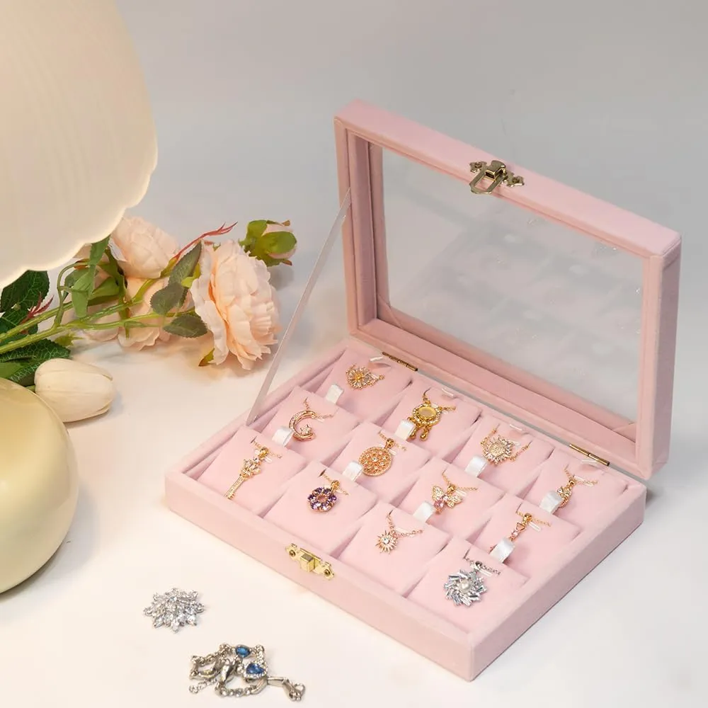 Jewelry Box Necklace Organizer Tray Necklace display Case for Storage, Jewelry Display Tray 12 Slot, Pendant Holder for Women (Pink, Velvet)