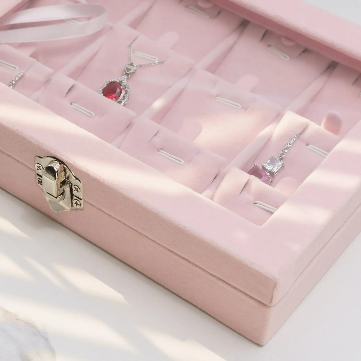 Jewelry Box Necklace Organizer Tray Necklace display Case for Storage, Jewelry Display Tray 12 Slot, Pendant Holder for Women (Pink, Velvet)