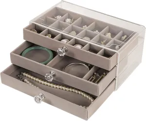 Jewelry Box with 3 Drawers, Earring Holder Organizer, Acrylic Clear Ring Case with Flannel Trays, Necklaces Storage Organizer Display Case for Women Girls, Grey, 3 Layers