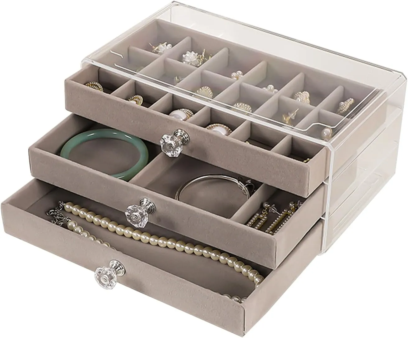 Jewelry Box with 3 Drawers, Earring Holder Organizer, Acrylic Clear Ring Case with Flannel Trays, Necklaces Storage Organizer Display Case for Women Girls, Grey, 3 Layers