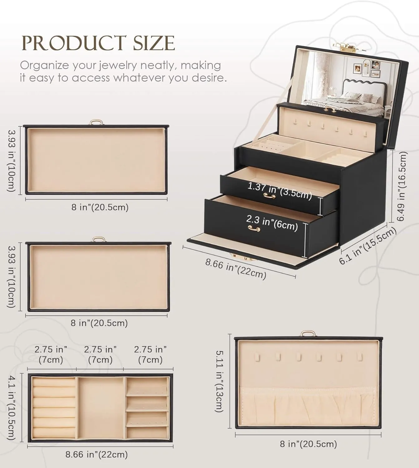 Jewelry Box with Lock for Girls: Jewelry Organizer for Dresser - 3-Drawer Earrings Storage Girls Women Gift (Black)