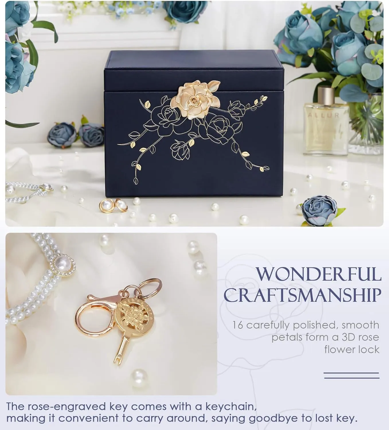 Jewelry Box with Lock for Girls: Jewelry Organizer for Dresser - 3-Drawer Earrings Storage Girls Women Gift (Dark Blue