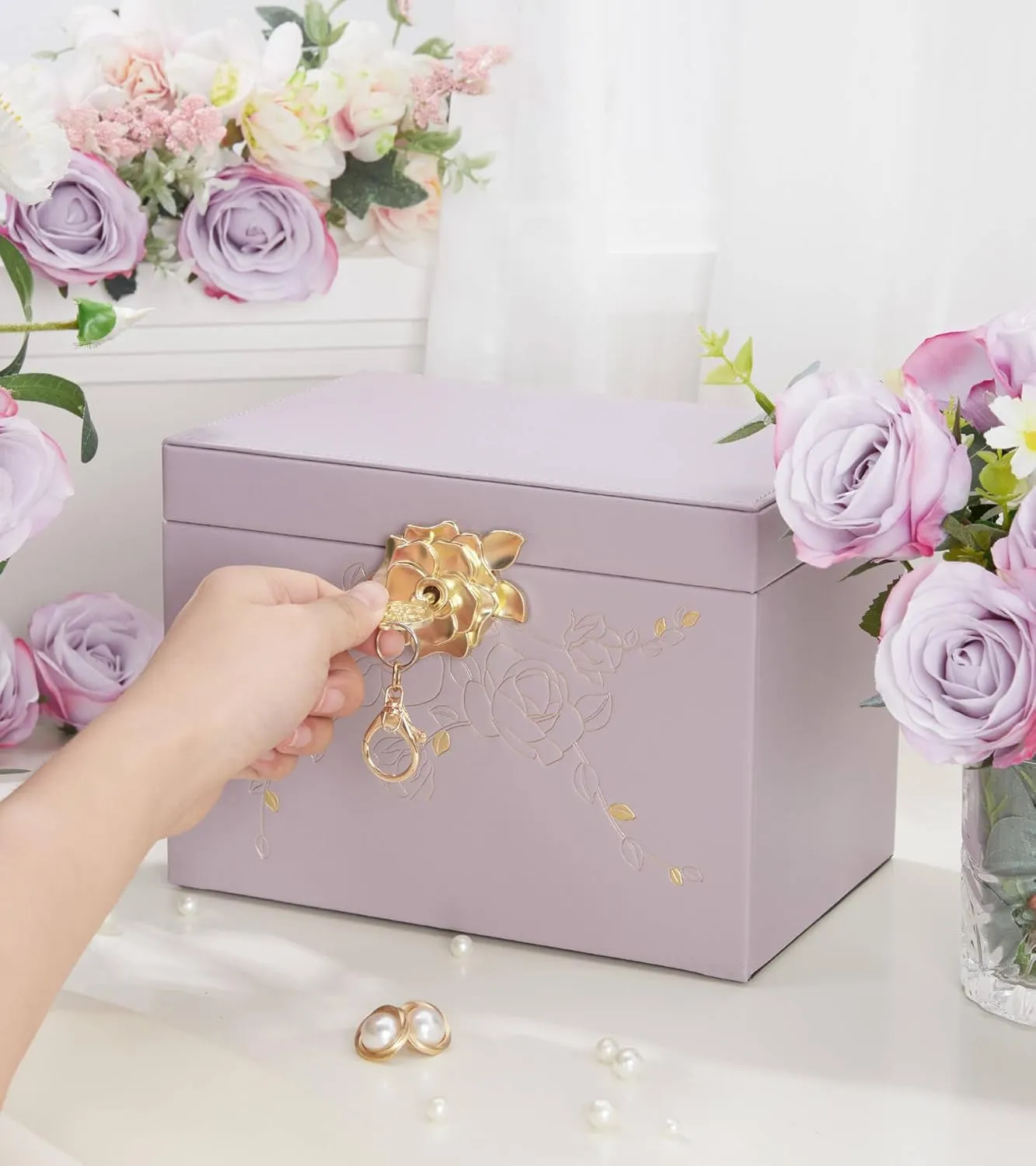 Jewelry Box with Lock for Girls: Jewelry Organizer for Dresser - 3-Drawer Earrings Storage Girls Women Gift (Grey Purple)