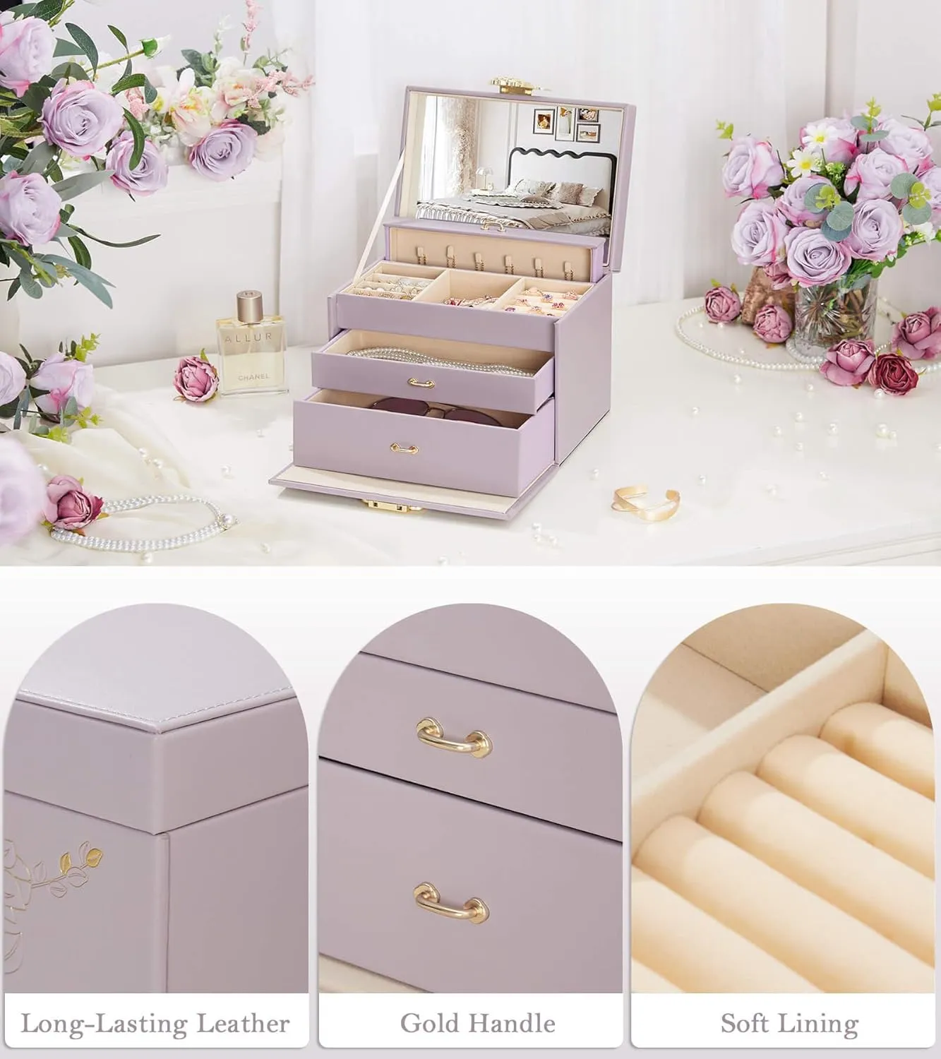 Jewelry Box with Lock for Girls: Jewelry Organizer for Dresser - 3-Drawer Earrings Storage Girls Women Gift (Grey Purple)