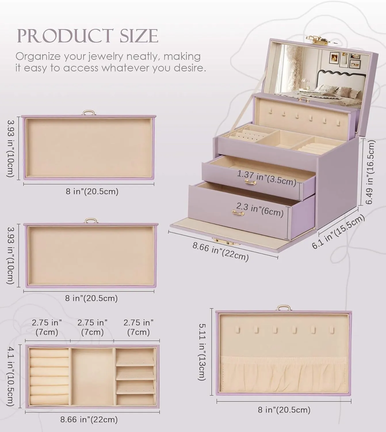 Jewelry Box with Lock for Girls: Jewelry Organizer for Dresser - 3-Drawer Earrings Storage Girls Women Gift (Grey Purple)