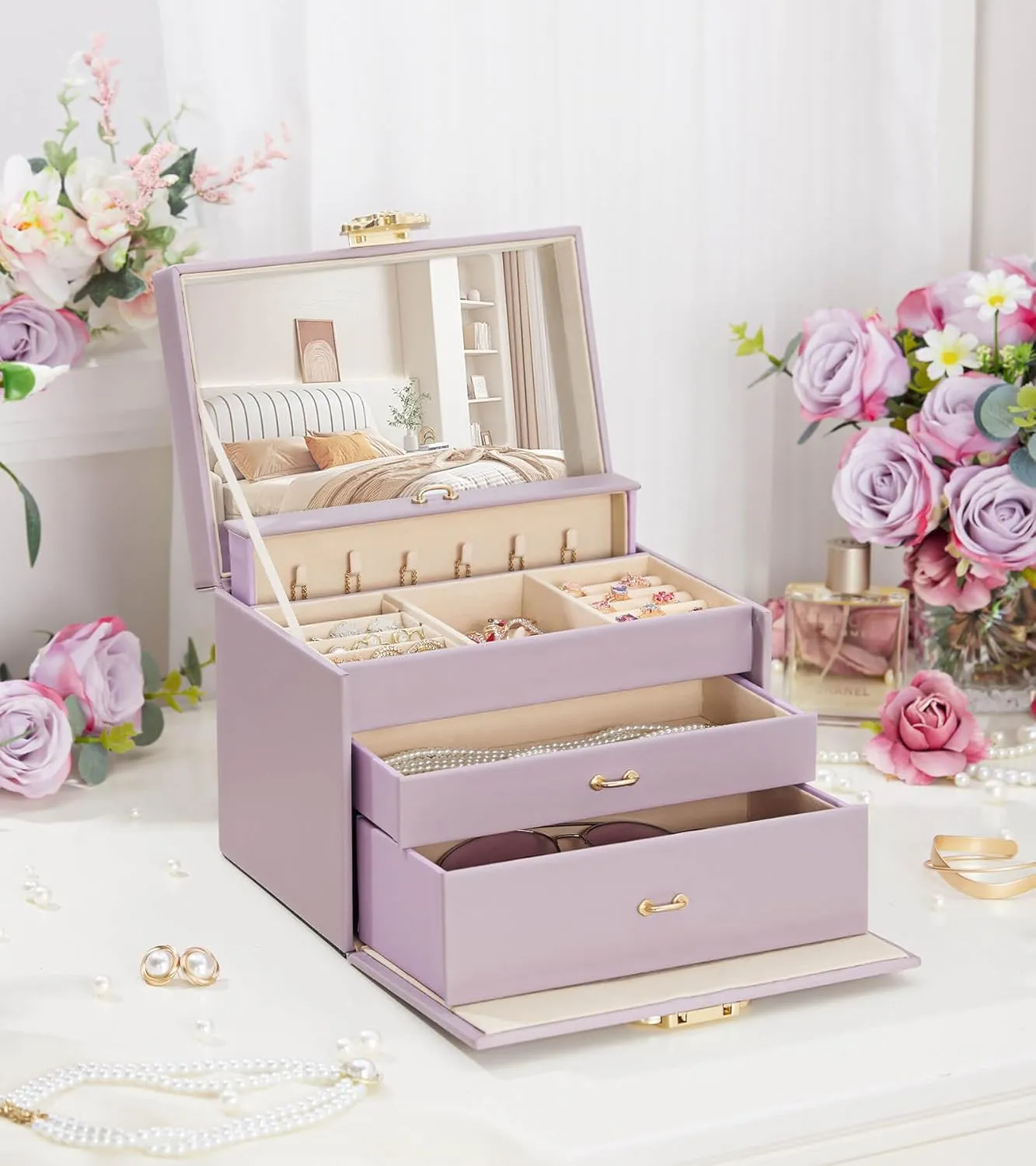 Jewelry Box with Lock for Girls: Jewelry Organizer for Dresser - 3-Drawer Earrings Storage Girls Women Gift (Grey Purple)