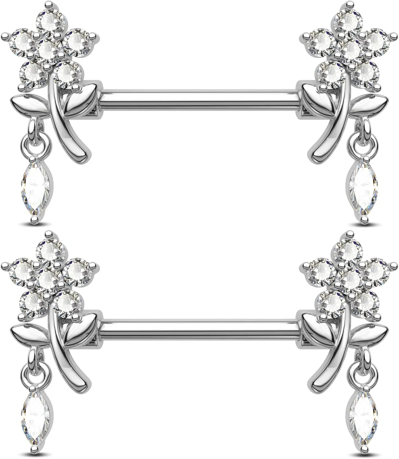 Jewseen 316L Surgical Steel Nipple Rings 14g Nipple Barbell Flower Nipple Piercing Jewelry Dangle Nipple Bar for Women