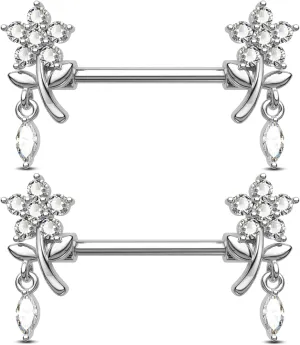 Jewseen 316L Surgical Steel Nipple Rings 14g Nipple Barbell Flower Nipple Piercing Jewelry Dangle Nipple Bar for Women
