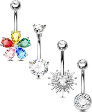 Jewseen 4pcs Surgical Steel Belly Ring 14g Heart Flower Gold Belly Ring for Women & Men