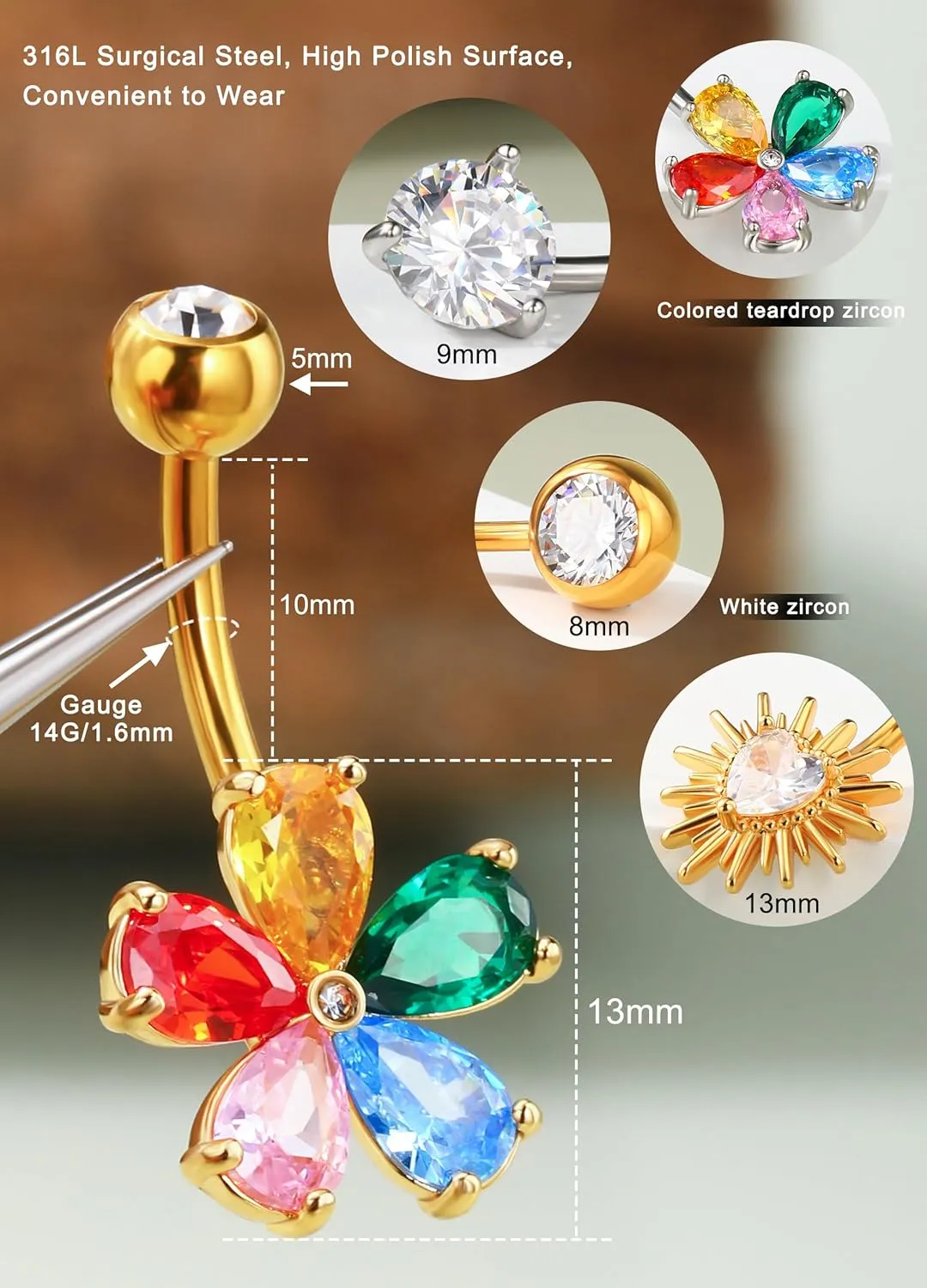 Jewseen 4pcs Surgical Steel Belly Ring 14g Heart Flower Gold Belly Ring for Women & Men
