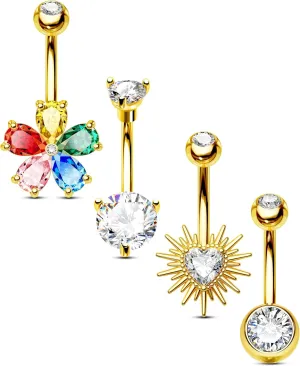 Jewseen 4pcs Surgical Steel Belly Ring 14g Heart Flower Gold Belly Ring for Women & Men