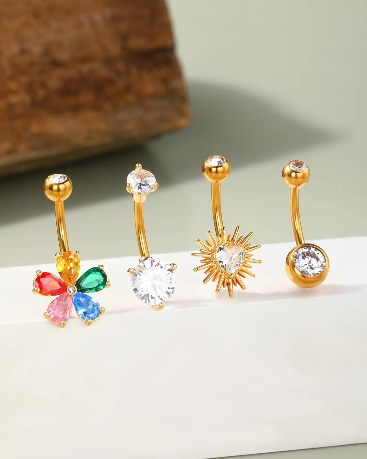 Jewseen 4pcs Surgical Steel Belly Ring 14g Heart Flower Gold Belly Ring for Women & Men