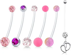 JFORYOU Pregnancy Maternity Flexible Bioplast Long Belly Button Rings Navel Retainer Body Piercing 14G 1&1/2 Inch Length Varied Style