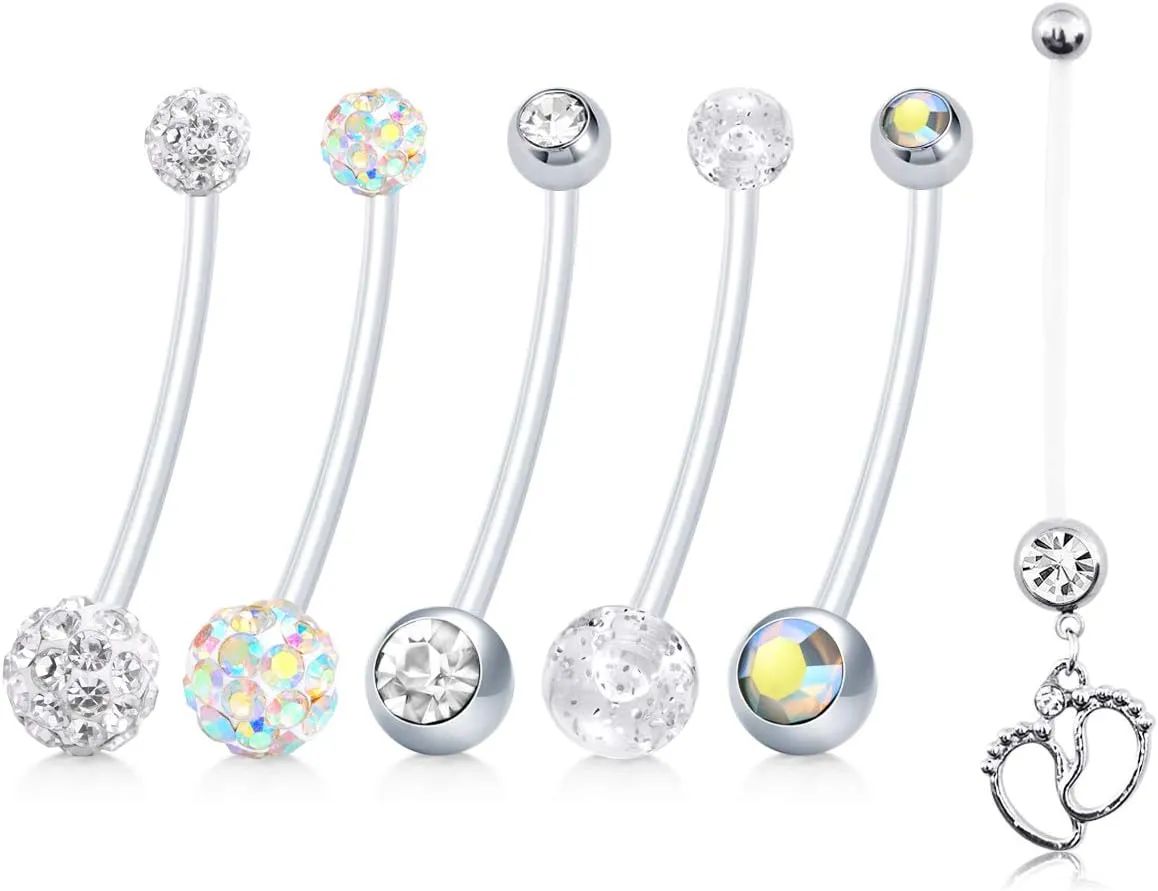 JFORYOU Pregnancy Maternity Flexible Bioplast Long Belly Button Rings Navel Retainer Body Piercing 14G 1&1/2 Inch Length Varied Style