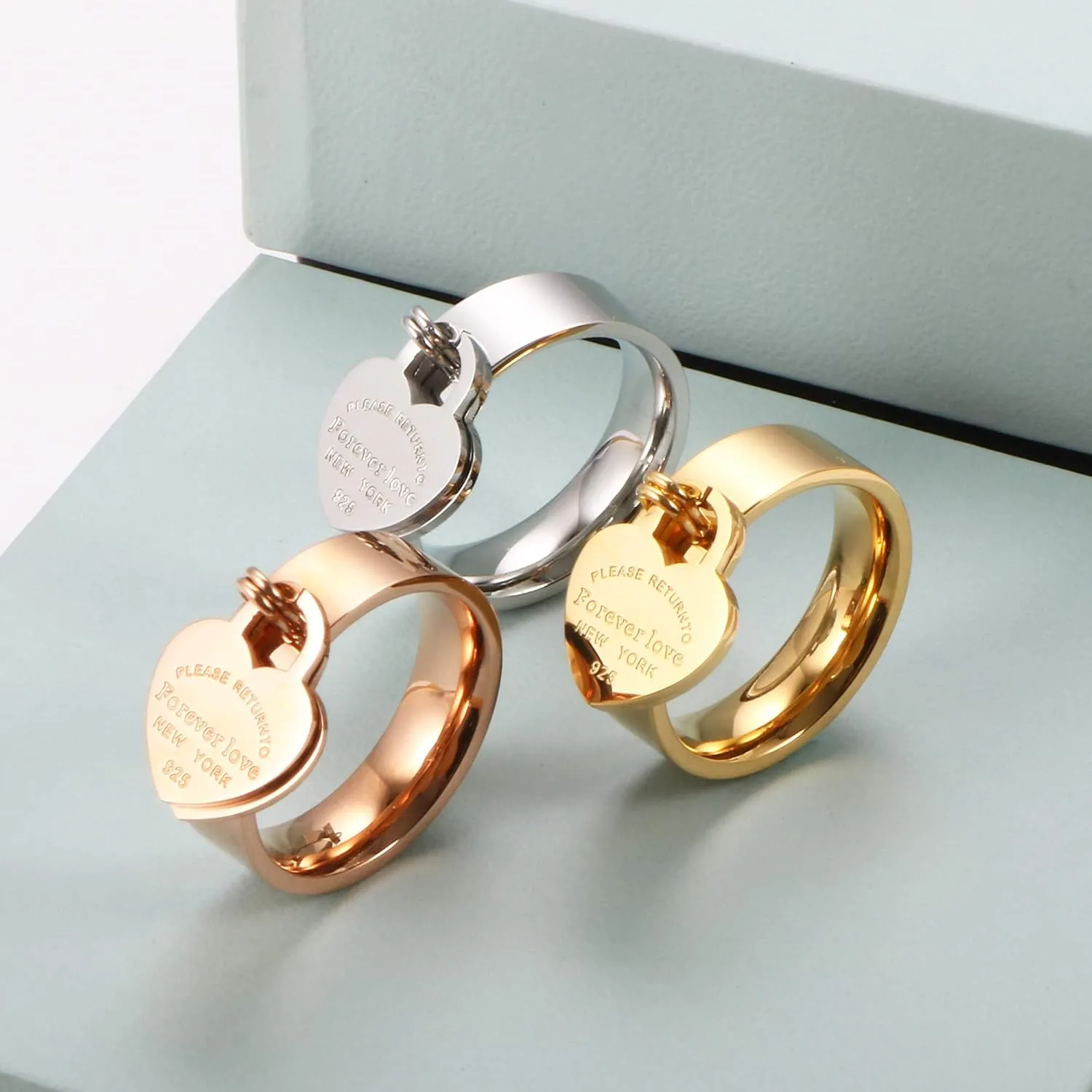JINHUI Rings with Charms for Girlfriend, 6mm Heart Dangle Ring Graducation Gift 18k Gold Plated Ring Engraved Promise Ring Jewelry