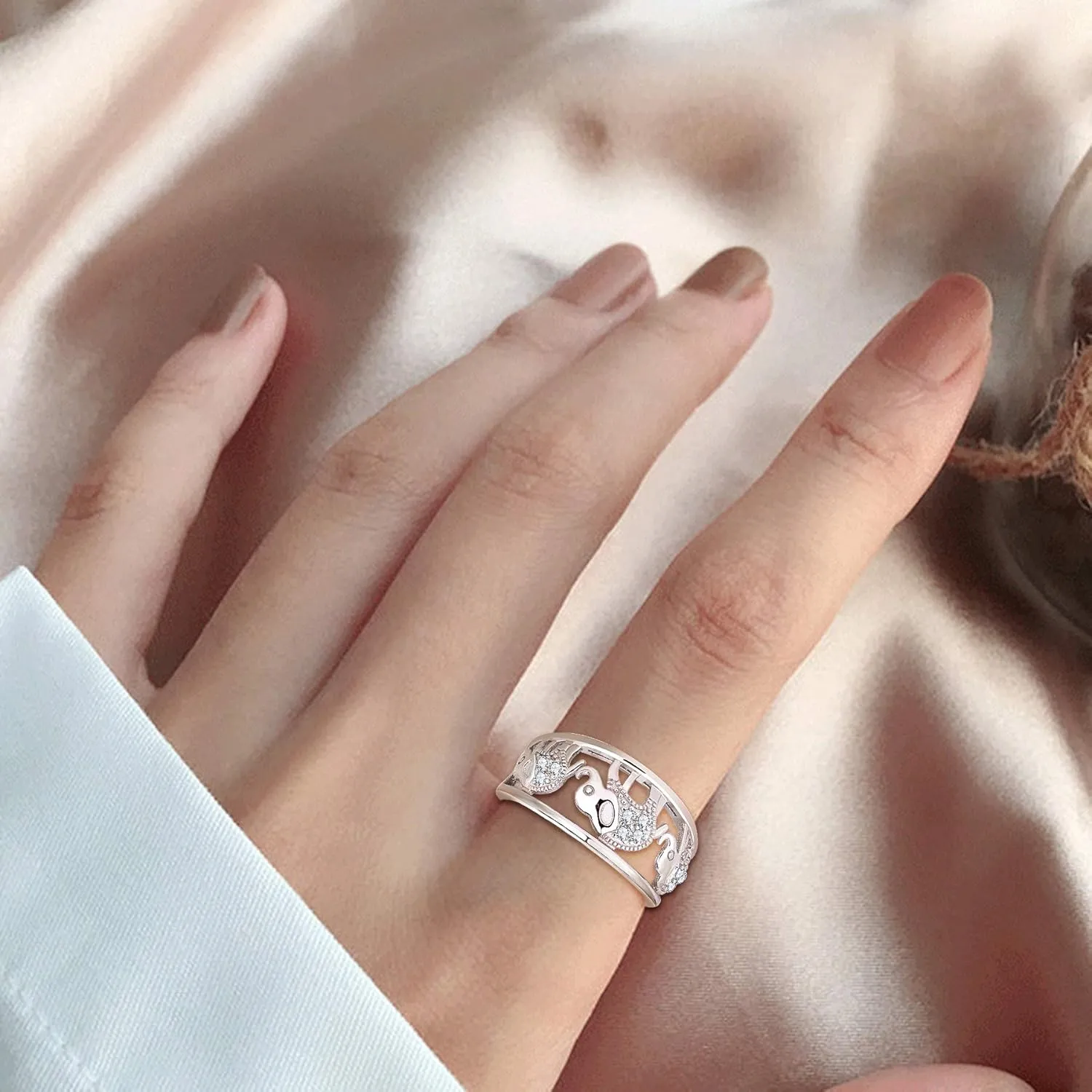 JO WISDOM 925 Sterling Silver Cubic Zirconia Elephant Ring Animal Rings