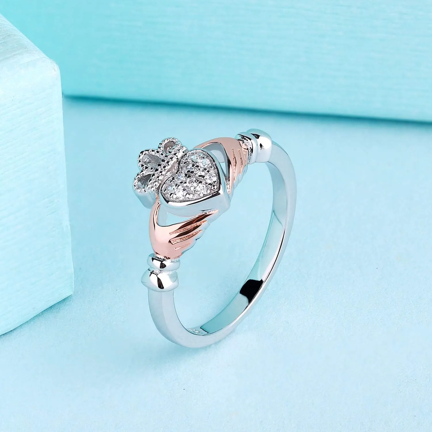 JO WISDOM 925 Sterling Silver Cubic Zirconia Rose Gold Claddagh Heart Promise Rings for Her,birthstone rings for Women