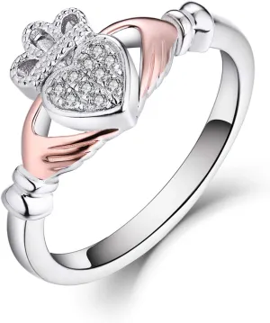JO WISDOM 925 Sterling Silver Cubic Zirconia Rose Gold Claddagh Heart Promise Rings for Her,birthstone rings for Women