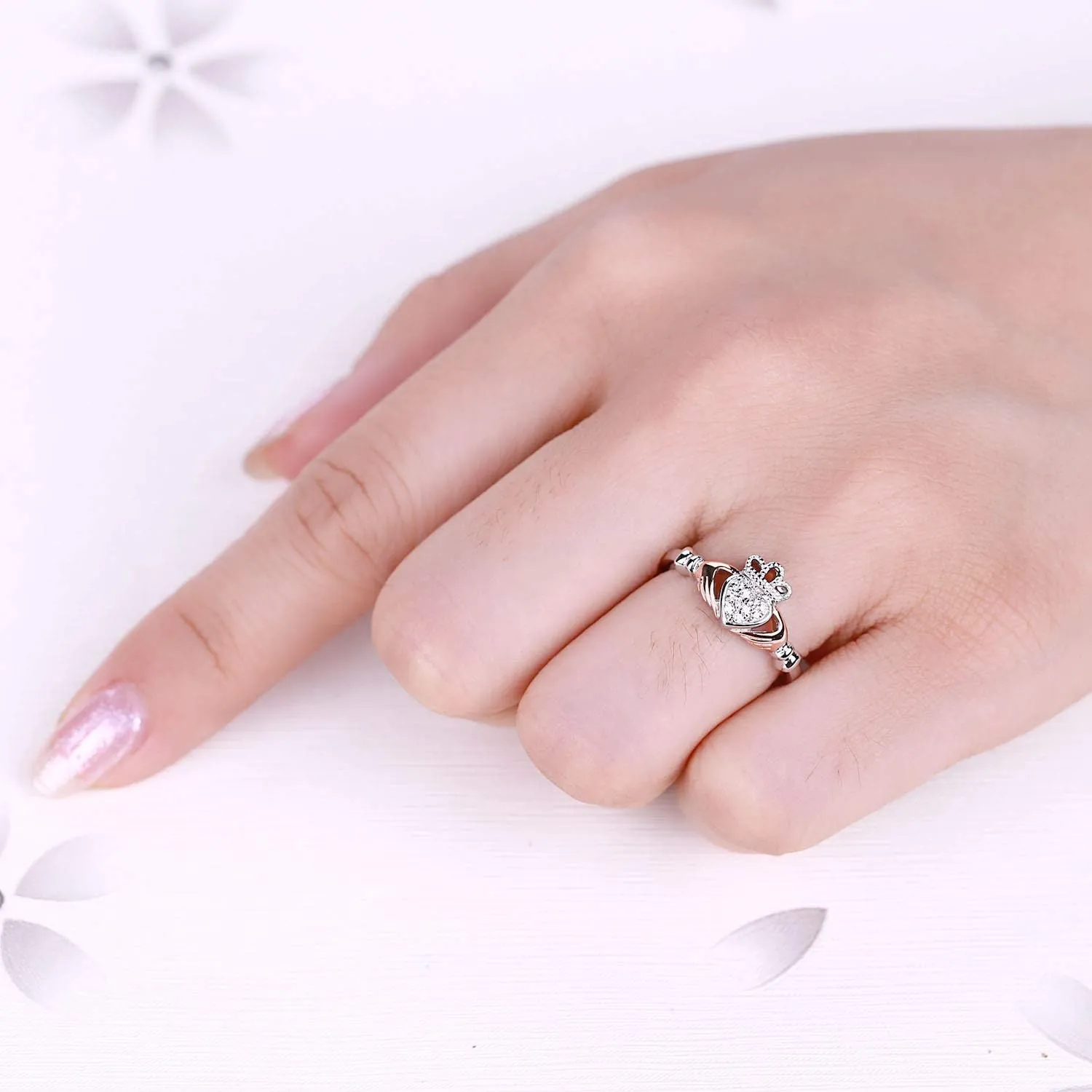 JO WISDOM 925 Sterling Silver Cubic Zirconia Rose Gold Claddagh Heart Promise Rings for Her,birthstone rings for Women