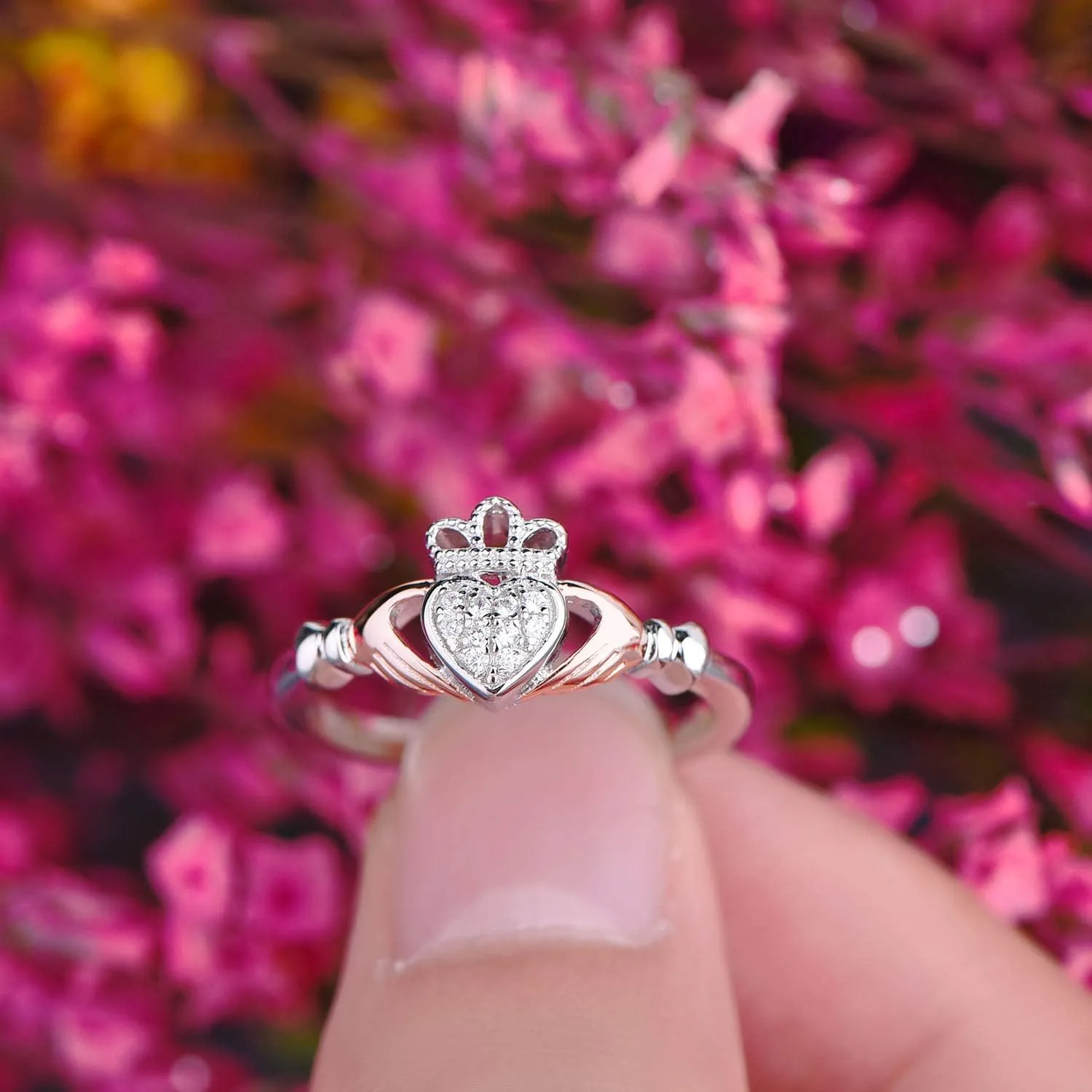 JO WISDOM 925 Sterling Silver Cubic Zirconia Rose Gold Claddagh Heart Promise Rings for Her,birthstone rings for Women