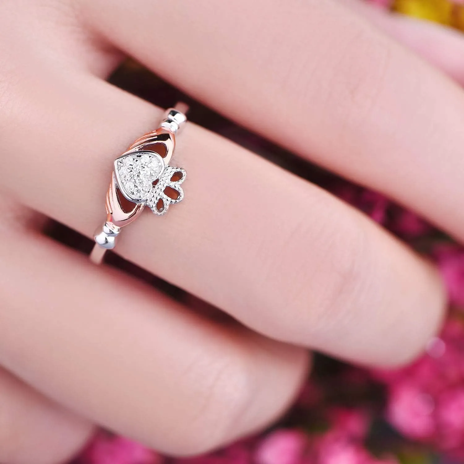 JO WISDOM 925 Sterling Silver Cubic Zirconia Rose Gold Claddagh Heart Promise Rings for Her,birthstone rings for Women