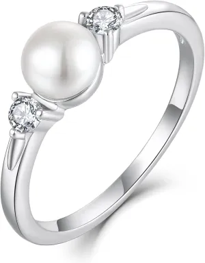 JO WISDOM Pearl Ring,925 Sterling Silver Cubic Zirconia Women's Rings with 7mm White Freshwater Cultured Pearl Ring size 5-10