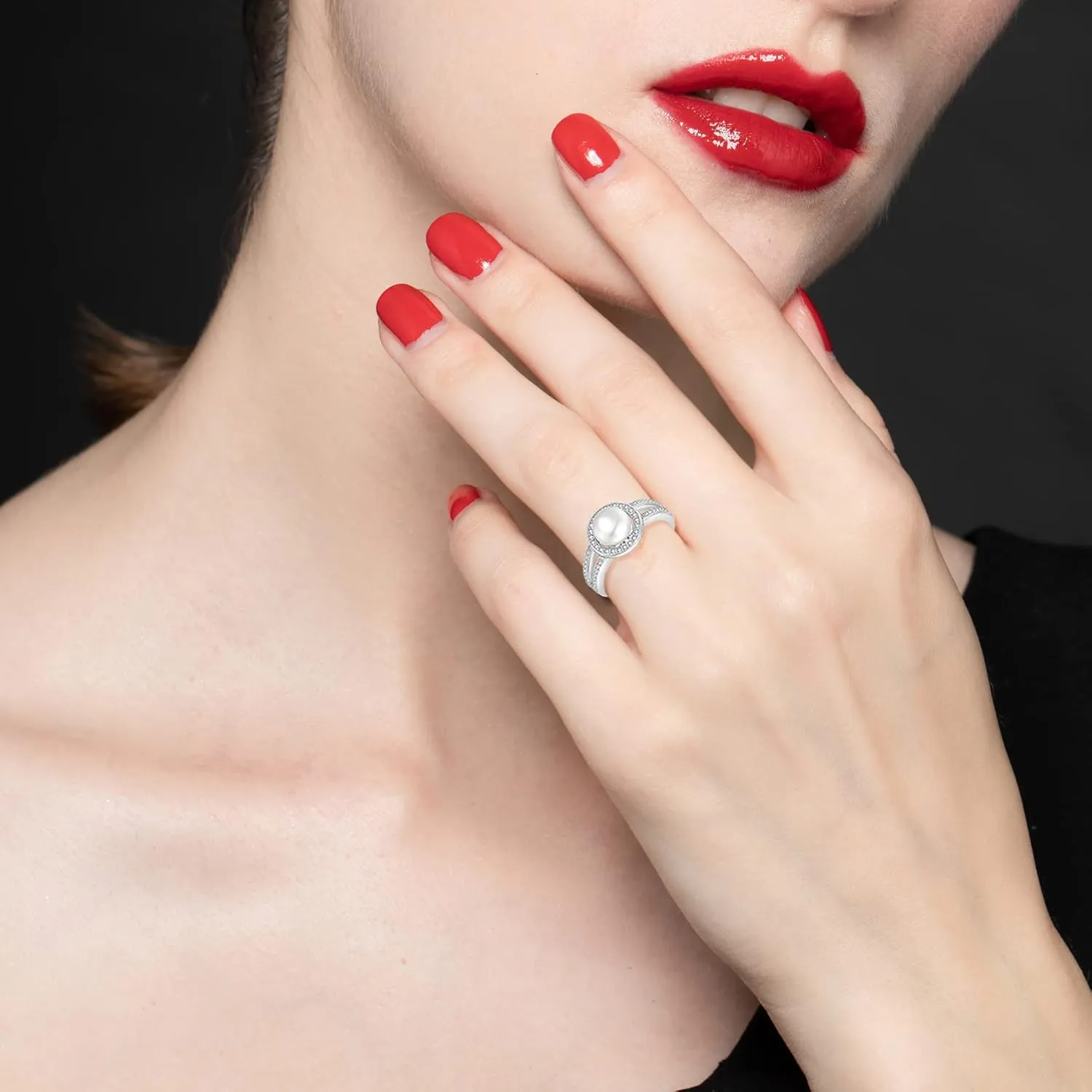 JO WISDOM Pearl Ring,925 Sterling Silver Women's Rings Cubic Zirconia with 8mm White Freshwater Cultured Pearl Ring size 5-10