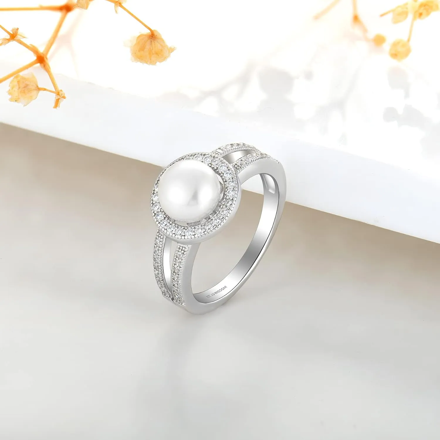 JO WISDOM Pearl Ring,925 Sterling Silver Women's Rings Cubic Zirconia with 8mm White Freshwater Cultured Pearl Ring size 5-10