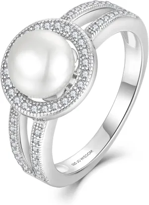 JO WISDOM Pearl Ring,925 Sterling Silver Women's Rings Cubic Zirconia with 8mm White Freshwater Cultured Pearl Ring size 5-10