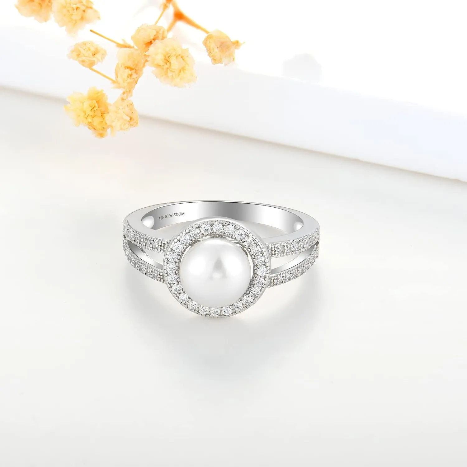 JO WISDOM Pearl Ring,925 Sterling Silver Women's Rings Cubic Zirconia with 8mm White Freshwater Cultured Pearl Ring size 5-10