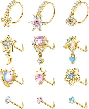 JOERICA 12 Pcs 20G Dangle Nose Rings and Studs for Women - L Shaped Stainless Steel Hoops With Butterfly, Heart, Moon, Flower, Evil Eye, Crown CZ Dangling Piercing Jewelry