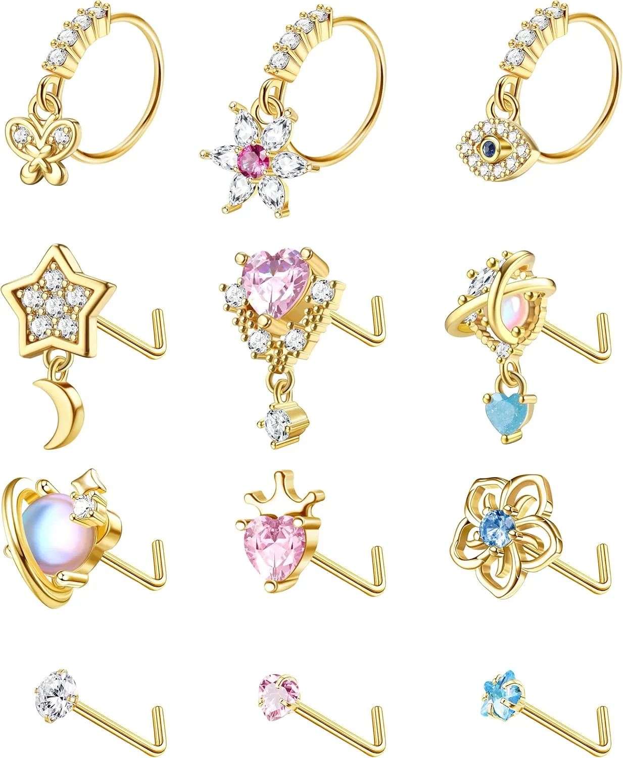 JOERICA 12 Pcs 20G Dangle Nose Rings and Studs for Women - L Shaped Stainless Steel Hoops With Butterfly, Heart, Moon, Flower, Evil Eye, Crown CZ Dangling Piercing Jewelry