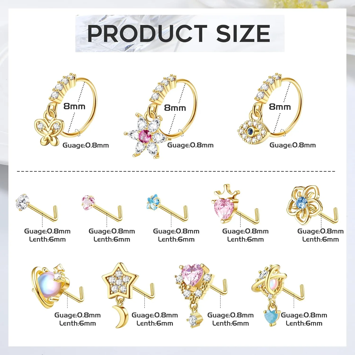 JOERICA 12 Pcs 20G Dangle Nose Rings and Studs for Women - L Shaped Stainless Steel Hoops With Butterfly, Heart, Moon, Flower, Evil Eye, Crown CZ Dangling Piercing Jewelry