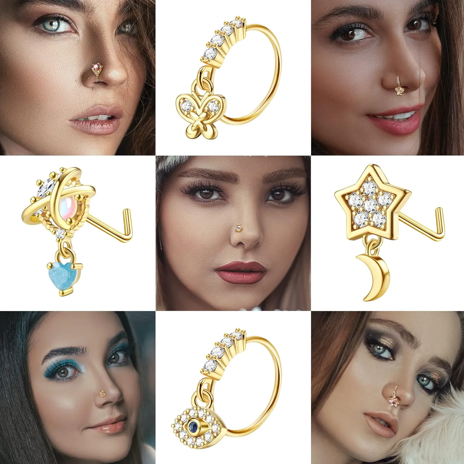 JOERICA 12 Pcs 20G Dangle Nose Rings and Studs for Women - L Shaped Stainless Steel Hoops With Butterfly, Heart, Moon, Flower, Evil Eye, Crown CZ Dangling Piercing Jewelry
